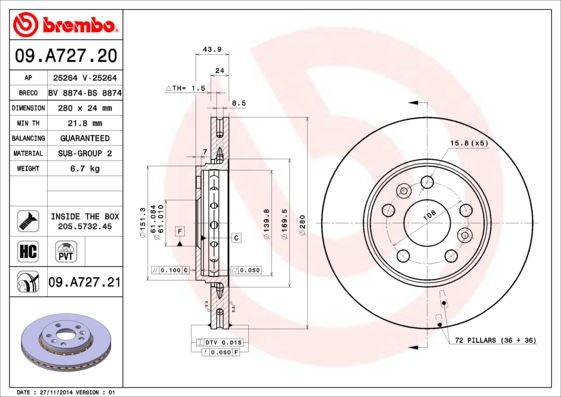 BREMBO 09A72721 — FREN DİSKİ ÖN UV Coated RENAULT KANGOO III