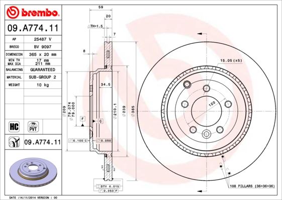 BREMBO 09A77411 — FREN DİSKİ ARKA UV Coated RANGE ROVER L320