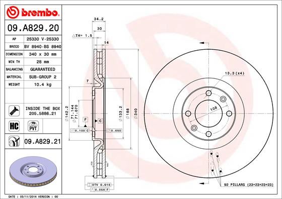 BREMBO 09A82921 — FREN DİSKİ ÖN HAVALI 340 MM ( CITROEN DS4 DS51.6HDI 11- /PEUGEOT 308 1.6 10-)