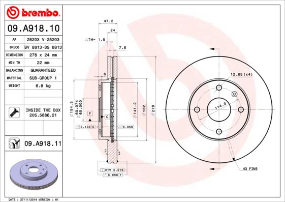 BREMBO 09A91811 — FREN DİSKİ ÖN UV COATED CHEVROLET EPICA