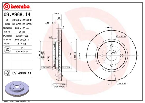 BREMBO 09A96814 — FREN DİSKİ ÖN HAVALI-(258-4)-(MAZDA-2 08/12 )