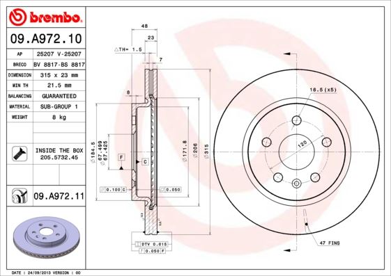 BREMBO 09A97210 — FREN DISKI ARKA OPEL INSIGNIA A 18 INCH 315MM STANDART