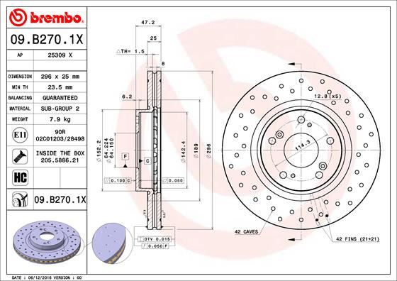 BREMBO 09B2701X — ÖN FREN DİSKİ HAVA KANALLI-DELİKLİ HONDA ACCORD 2.0L R20A3 CU1 kasa 08> 296 çap x 5 bijon - A det disk