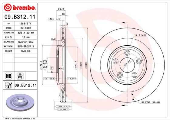 BREMBO 09B31211 — FREN DİSKİ ARKA HAVALI 326-5 UV Coated JAGUAR S TYEPE II 99-07 XF 08-15 XJ 03-09 XK 06-14
