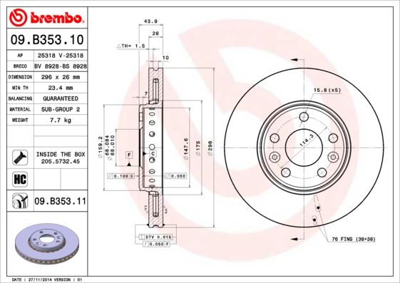 BREMBO 09B35311 — ÖN FREN AYNASI RENAULT LAGUNA III 07-15 MEGANE III 09-15 SCENIC III 09-16 LATITUDE 11> FLUENCE 12> 296x26