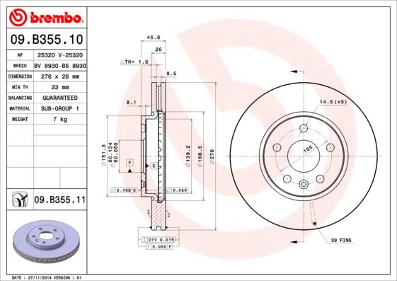 BREMBO 09B35511 — ÖN FREN AYNASI ASTRA J 10> CRUZE 09> AVEO 11> 276x26x5DL 15 İNÇ HAVALI 95526655