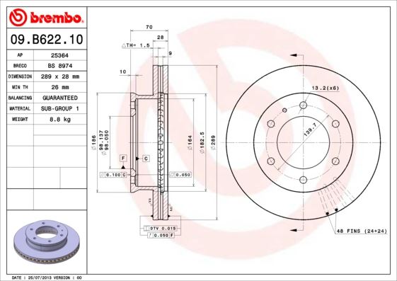 BREMBO 09B62210 — ÖN FREN DİSK AYNASI HAVALI MAZDA B2500 2.5 D BT50 4×4 05-11 / FORD RANGER 05- (289X6)