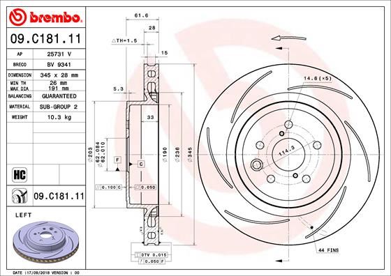 BREMBO 09C18111 — FREN DİSKİ ARKA UV COATED LEXUS