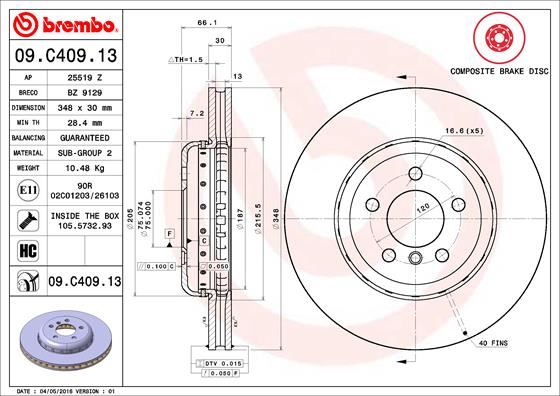 BREMBO 09C40913 — FREN DİSKİ ( BMW F10 ÖN / 525dx-528-530-535 )