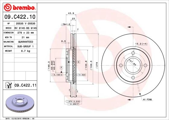 BREMBO 09C42211 — ÖN FREN DİSK AYNASI B MAX 12> FIESTA VI 13> TRANSIT COURIER 14>