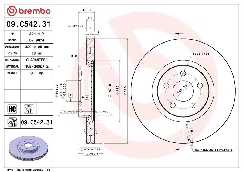 BREMBO 09C54231 — FREN DİSKİ ÖNCONNECT 14> DIŞ ÇAP: 320 MM 09/13> / FORD TRANSIT CONNECT V408 Box Body/MPV 09/13>