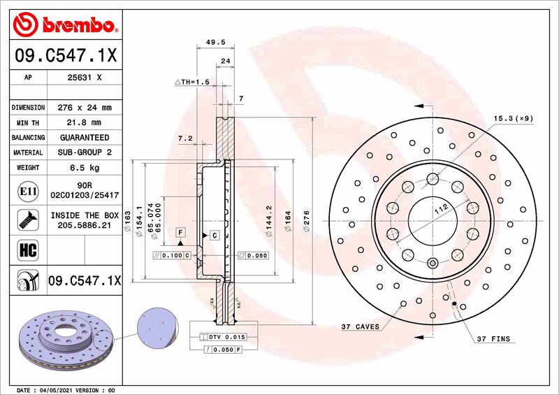 BREMBO 09C5471X — ÖN FREN DİSKİ DELİKLİ-276X24 5×112 (VW GOLF 13- AUDI A3 13- SEAT LEON 13- SKODA OCTAVIA 13-)