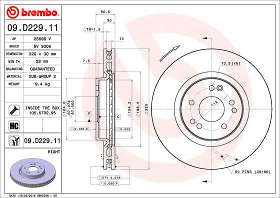 BREMBO 09D22911 — FREN DİSKİ ÖN UV COATED MERCEDES-BENZ
