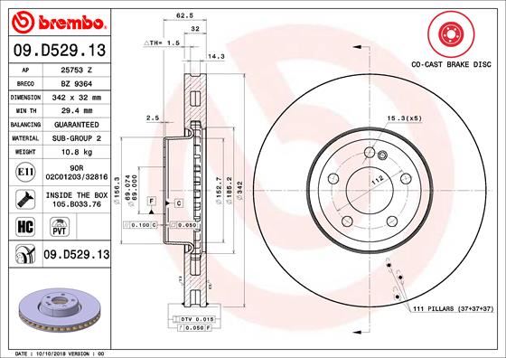 BREMBO 09D52913 — FREN DİSKİ ÖN (HAVALI) (ADET) W213 16> X253 15> A205 16> A238 17> C238 16> (342 MM)
