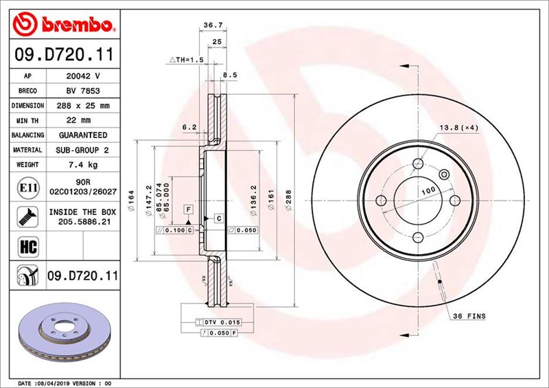 BREMBO 09D72011 — FREN DİSKİ ÖN VW-SKODA-SEAT-UP-CITIGO-Mİİİ 12> DIŞ ÇAP: 288mm