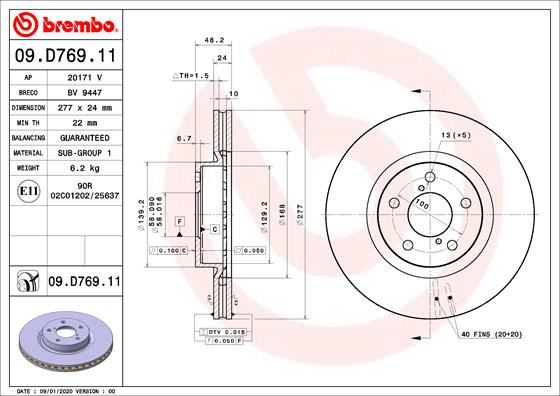 BREMBO 09D76911 — FREN DİSKİ ÖN UV COATED SUBARU