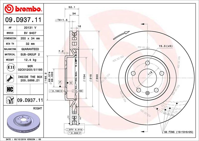 BREMBO 09D93711 — FREN DİSKİ. ÖN. 350 /34-32 MM . KAPLAMALI. YÜKSEK KARBON ALAŞIMLI 0986479D28