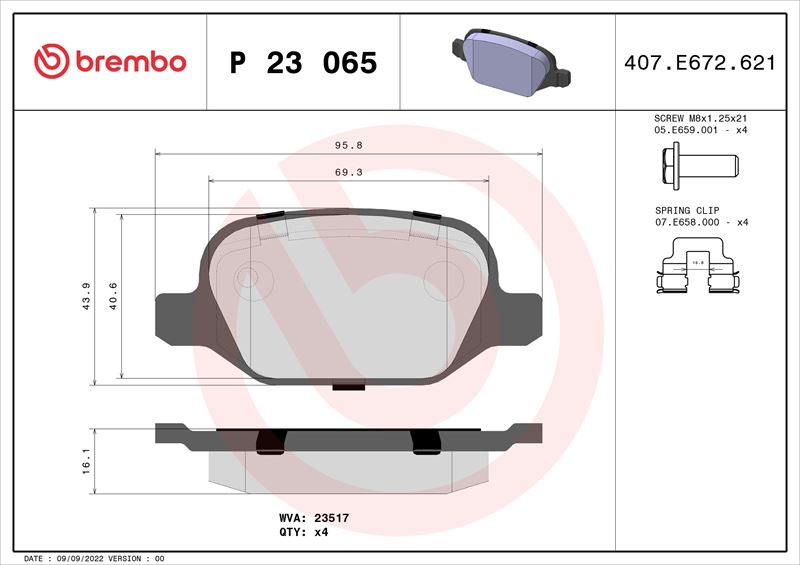 BREMBO P23065 — ARKA FREN BALATASI FIAT LINEA 09> ALFA 147 01>156 97-03 GT 03-10