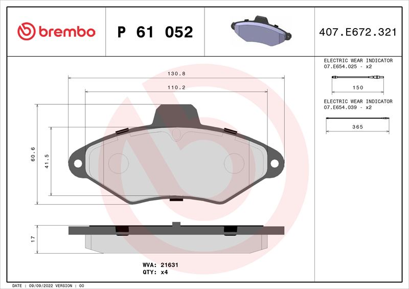 BREMBO P61052 — ÖN BALATA CITROEN XANTIA 1.6 1.8 16V 1.9D 2.0 2.0HDİ 94-03 60.5x130.9x17