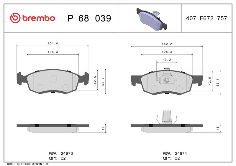 BREMBO P68039 — ÖN BALATA DACIA LOGAN 07> LOGAN PICK-UP 08> LOGAN EXPRESS 09> SANDERO 08> 260x22