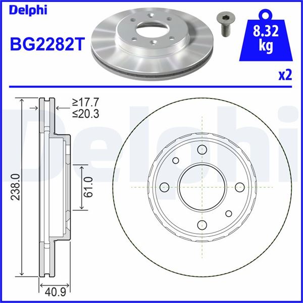 DELPHI BG2282T — FREN DISKI ON KUCUK HAVALI KANALLI RENAULT CLIO II KANGOO II LOGAN R19 R21 MANAGER SYMBOL THALIA