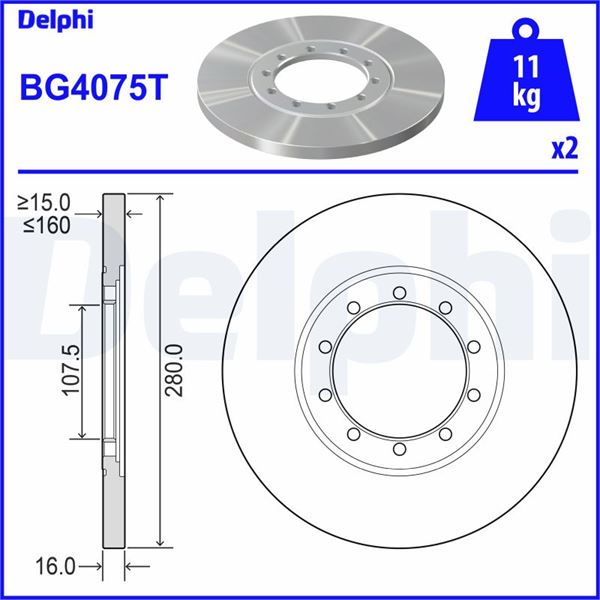 DELPHI BG4075T — ARKA FREN DİSKİ (280MM) A.ÇEKER ( FORD TRANSİT V347 2.4 TDCİ 06- )