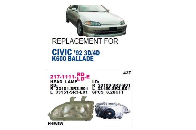 DEPO 2171111LLDE — ÖN FAR SOL-(HONDA CIVIC SEDAN-HB 92/95 )