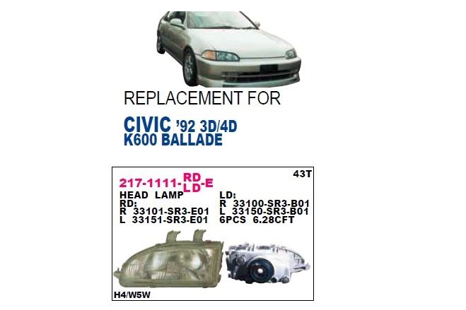 DEPO 2171111RLDE — ÖN FAR SAĞ-(HONDA CIVIC SEDAN-HB 92/95 )