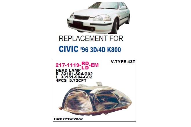 DEPO 2171119RLDEM — ÖN FAR SAĞ-(ELEKTRİKLİ VALEO TİPİ)-(HONDA CIVIC SEDAN-HB 96/98 )