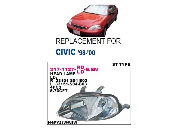 DEPO 2171127RLDEM — ÖN FAR SAĞ-(ELEKTRİKLİ)-(HONDA CIVIC SEDAN-HB 99/00 )