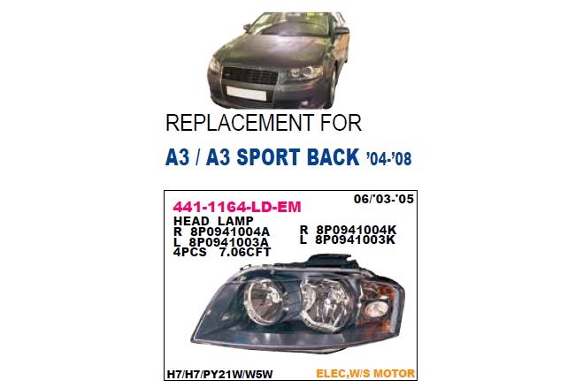 DEPO 4411164LLDEM — ÖN FAR SOL MOTORU UZERINDE AUDI A3 03-