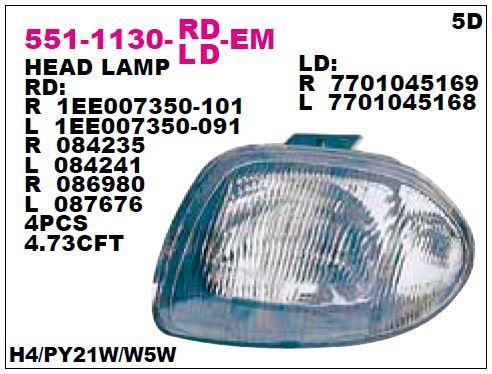 DEPO 5511130RLDEM — ÖN FAR SAĞ ELEKTRİKLİ RENAULT CLIO 98