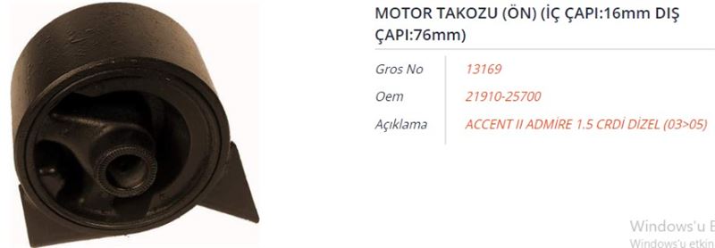 GROS 13169 — MOTOR TAKOZU (ÖN) (İÇ CAPI:16MM DIS CAPI:76MM) HYUNDAI ACCENT II ADMIRE 1.5 CRDI 03-05