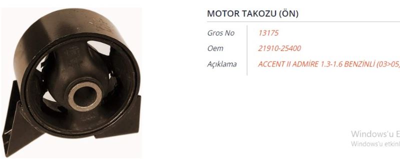 GROS 13175 — MOTOR TAKOZU (ÖN) HYUNDAI ACCENT II ADMIRE 1.3-1.6 BENZİNLİ 03-05