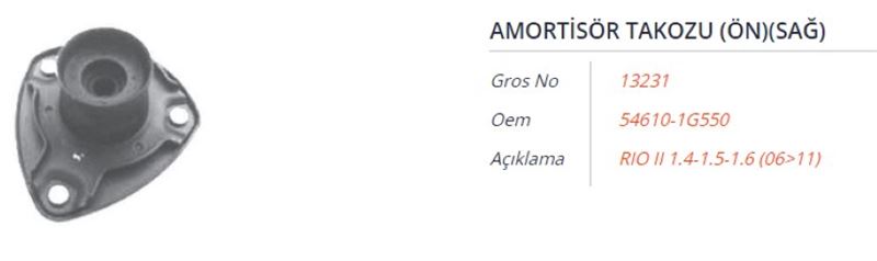 GROS 13231 — AMORTİSÖR TAKOZU ÖN SAĞ HYUNDAI ACCENT ERA 1.5L D4FA CRDi 06> / 1.4L G4EE 06-10 / 1.6L G4ED 06-10 / KIA RIO