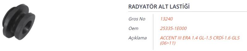 GROS 13240 — RADYATÖR ALT LASTİĞİ HYUNDAI ACCENT III ERA 1.4 GL-1.5 CRDI-1.6 GLS 06-11