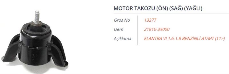 GROS 13277 — MOTOR TAKOZU (ÖN) (SAĞ) (YAĞLI) HYUNDAI ELANTRA VI 1.6-1.8 BENZİNLİ AT/MT 11-15