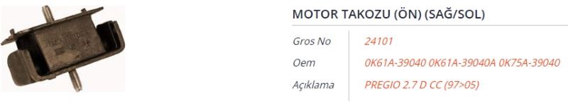 GROS 24101 — MOTOR TAKOZU (ÖN) (SAĞ/SOL) KIA BONGO-K2700 2.7 D 97-04 PREGIO 2.7 D CC 97-05
