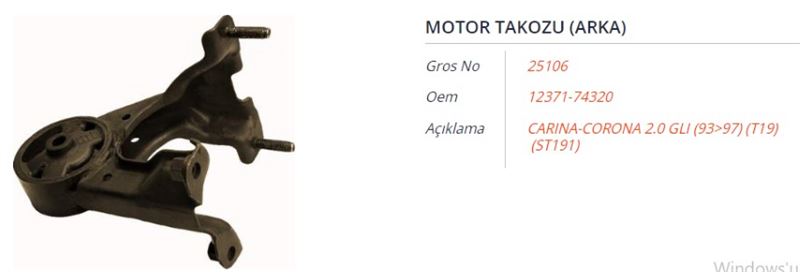 GROS 25106 — MOTOR TAKOZU (ARKA) TOYOTA CARINA-CORONA 2.0 GLI (T19) (ST191) 93-97