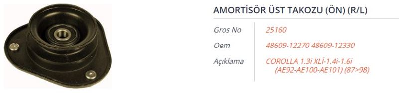 GROS 25160 — AMORTİSÖR TAKOZU ÖN SAĞ-SOL TOYOTA COROLLA 1.3L 1.6L EE100 EE111 AE101 AE111 92-00 / 1.4L 1.6L VVTİ ZZE111