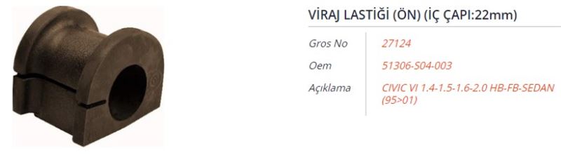GROS 27124 — VİRAJ DEMİR LASTİĞİ ÖN HONDA CR-V 2.0L B20B B20Z RD1 kasa 96-01