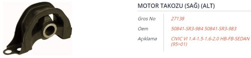 GROS 27138 — MOTOR TAKOZU (SAĞ) (ALT) HONDA CIVIC V-VI 1.3-1.5-1.6 HB-SEDAN 91-01 CR-V I 2.0 16V (2WD-4WD) 95-02 CRX III 1.6