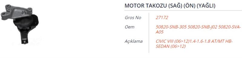 GROS 27172 — MOTOR TAKOZU (SAĞ) (ÖN) (YAĞLI) HONDA CIVIC VIII 1.4-1.6-1.8 AT/MT HB-SEDAN 06-12