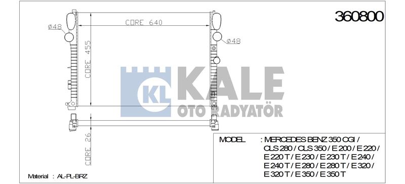 KALE-RADYATOR 360800 — SU RADYATÖRÜ MERCEDES BENZ 350 CGI, CLS 280, CLS 350, E 200, E 220, E 220 T, E 240, E 240 T, E 280, E