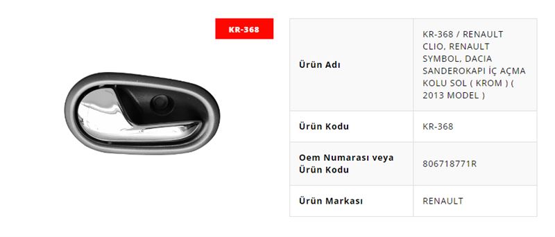 KAYA PLASTIK 368 — KAPI İÇ AÇMA KOLU SOL KROM (RENAULT SYMBOL 2013- )
