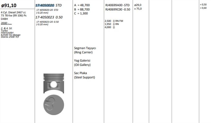 KINGPISTON 17405002020 — PİSTON 91.10 mm (STD) (2-4 SIL) HYUNDAI STAREX 2.5 TCI KIA BONGO K2500 00-02 D4BH (0.20 KISA)