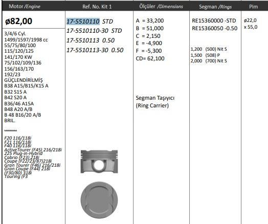 KINGPISTON 175510113 — PİSTON 82.00 mm (0.50) BMW F20 F21 F22 F30 F80 F87 F34 F31 F33 F83 F36 G30 F90 3.0 B58B30
