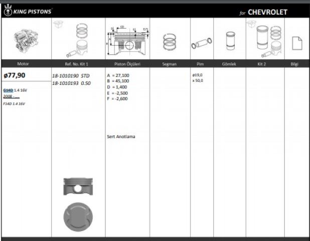 KINGPISTON 181010190 — PİSTON 77.90 MM (STD) CHEVROLET AVEO KALOS 1.4 16V G14D F14D