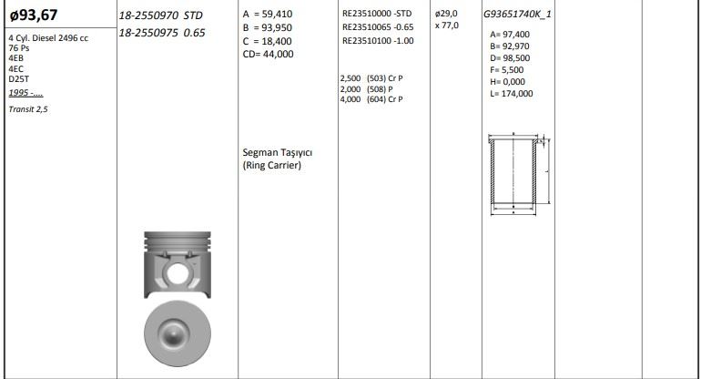KINGPISTON 182550970 — PİSTON 93.67 MM (STD) FORD TRANSIT 2.5 4EB 4EC D25T