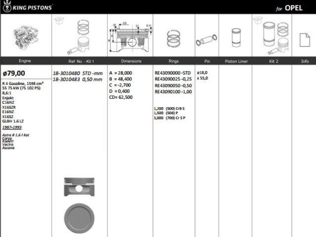 KINGPISTON 183010480 — PİSTON 79.00 MM (STD) OPEL ASTRA F ASTRA G CORSA A 1.6I 91- C16NZ X16SZR C16SE